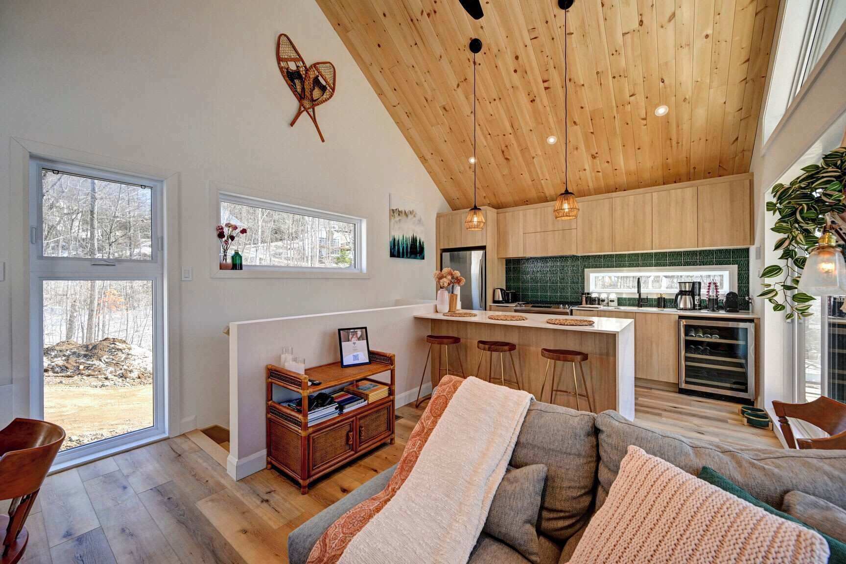 TV, fireplace, books, offices