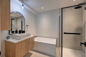 Shower, hair dryer, towels, shampoo - Le Kos Chalet Nature view and Hot Tub (Sainte-Béatrix)