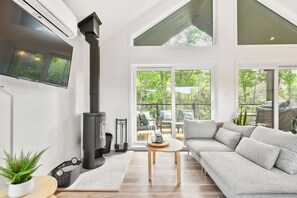 Fernseher, Kamin, Bücher, Arbeitsbereiche