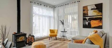 Televisión, chimenea, futbolito y libros