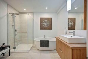 Shower, hair dryer, towels