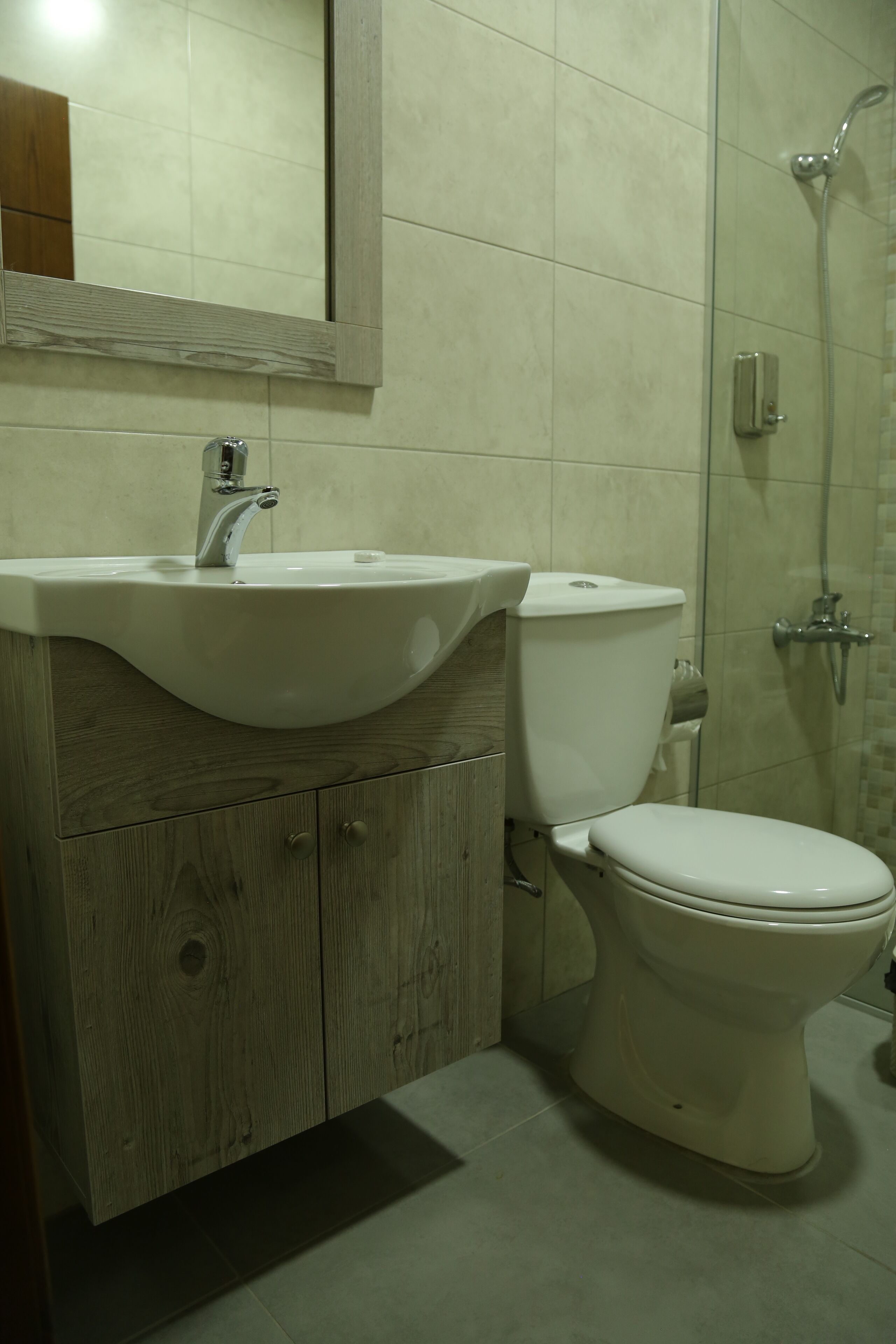 Un baño con lavabo, inodoro y ducha.