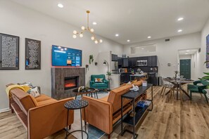 Smart TV, fireplace, video games, books