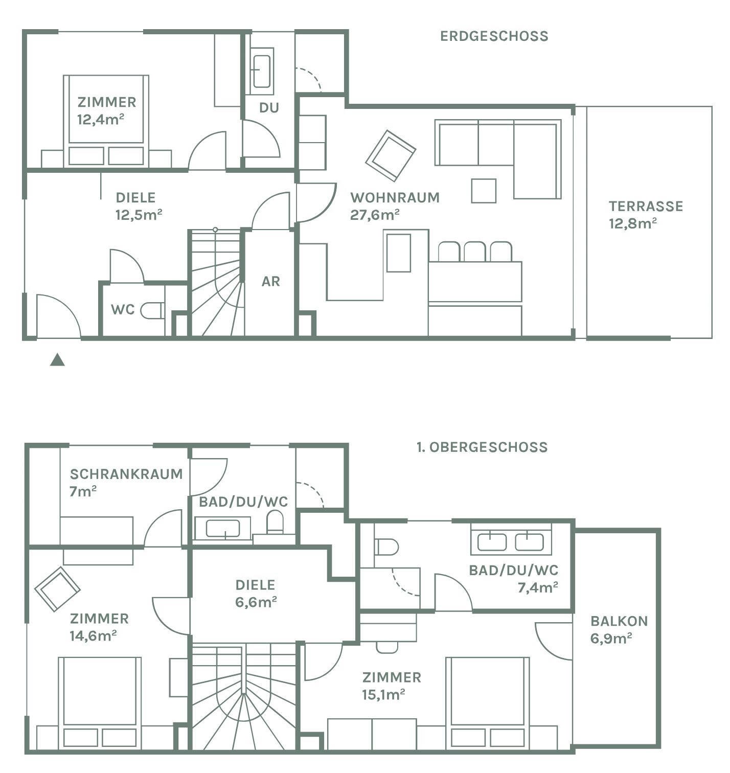 A floor plan of a hotel with two floors. The ground floor includes a living room, a balcony, and a terrace. The first floor has a living room, a balcony, and a bathroom.
