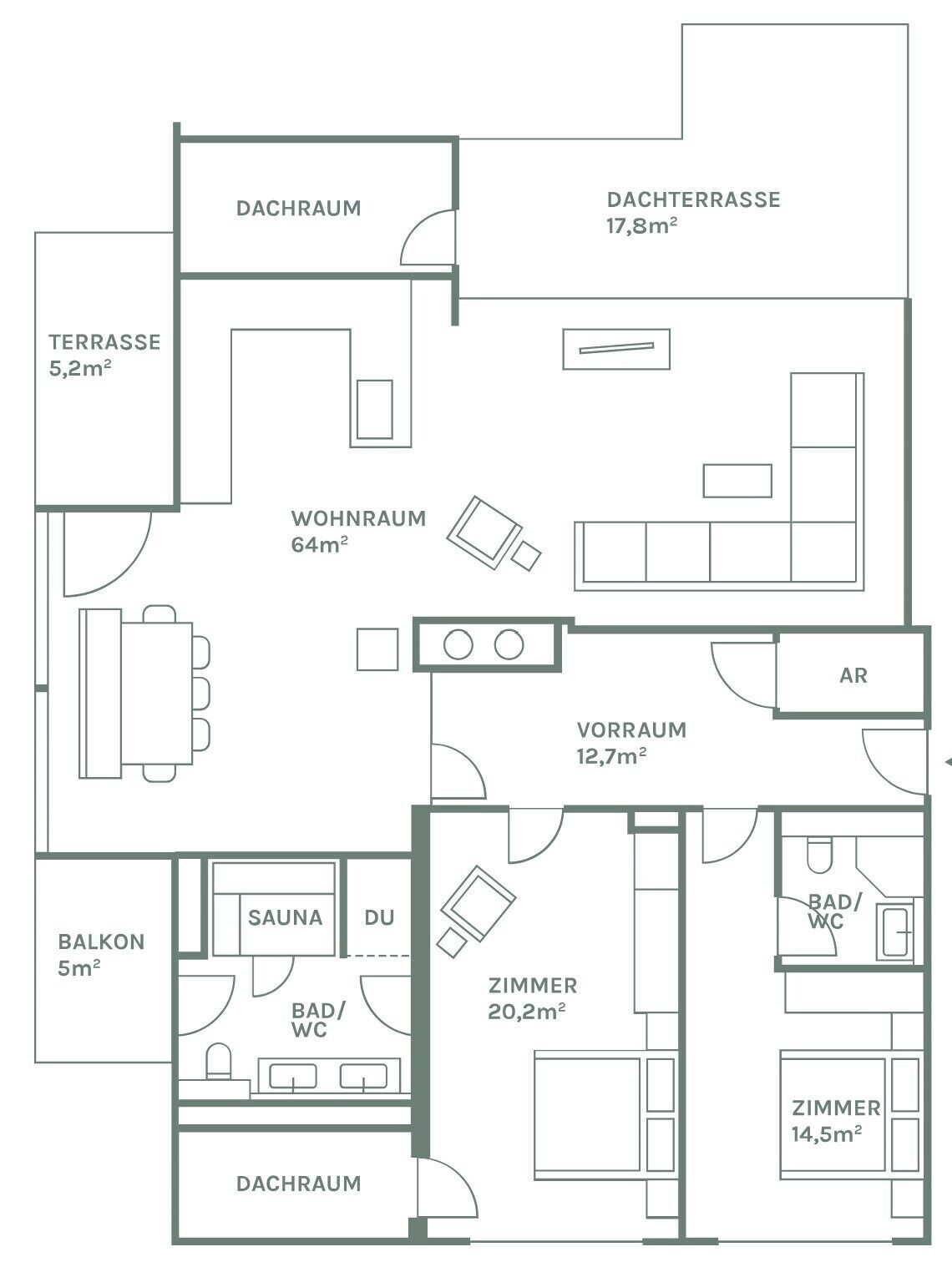 A hotel layout with a living room (64m²), a dining room (17.8m²), a terrace (5.2m²), a balcony (5m²), a sauna, a bathroom, and two bedrooms (20.2m² and 14.5m²).