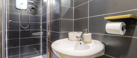 A modern bathroom with a shower, a sink, and a toilet paper holder on the wall.