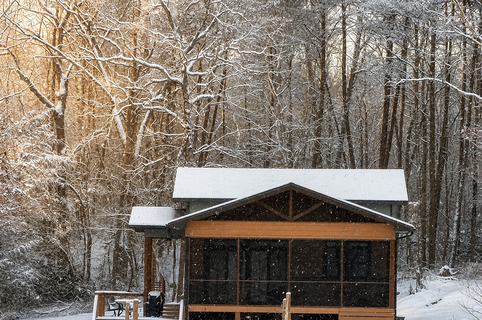 Une cabane dotée d’une grande fenêtre, entourée d’une forêt enneigée.
