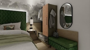 A bedroom with a green headboard, a bedside table with a lamp, a wardrobe, a mirror, and a green bench. - Hotel Vogtland (Bad Elster)