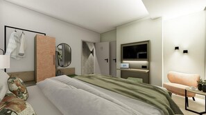 A modern bedroom with a bed, a seating area with a chair and table, a TV, and a wardrobe. - Hotel Vogtland (Bad Elster)