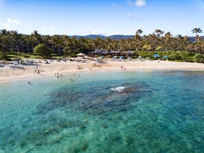 On the beach, sun-loungers, beach towels