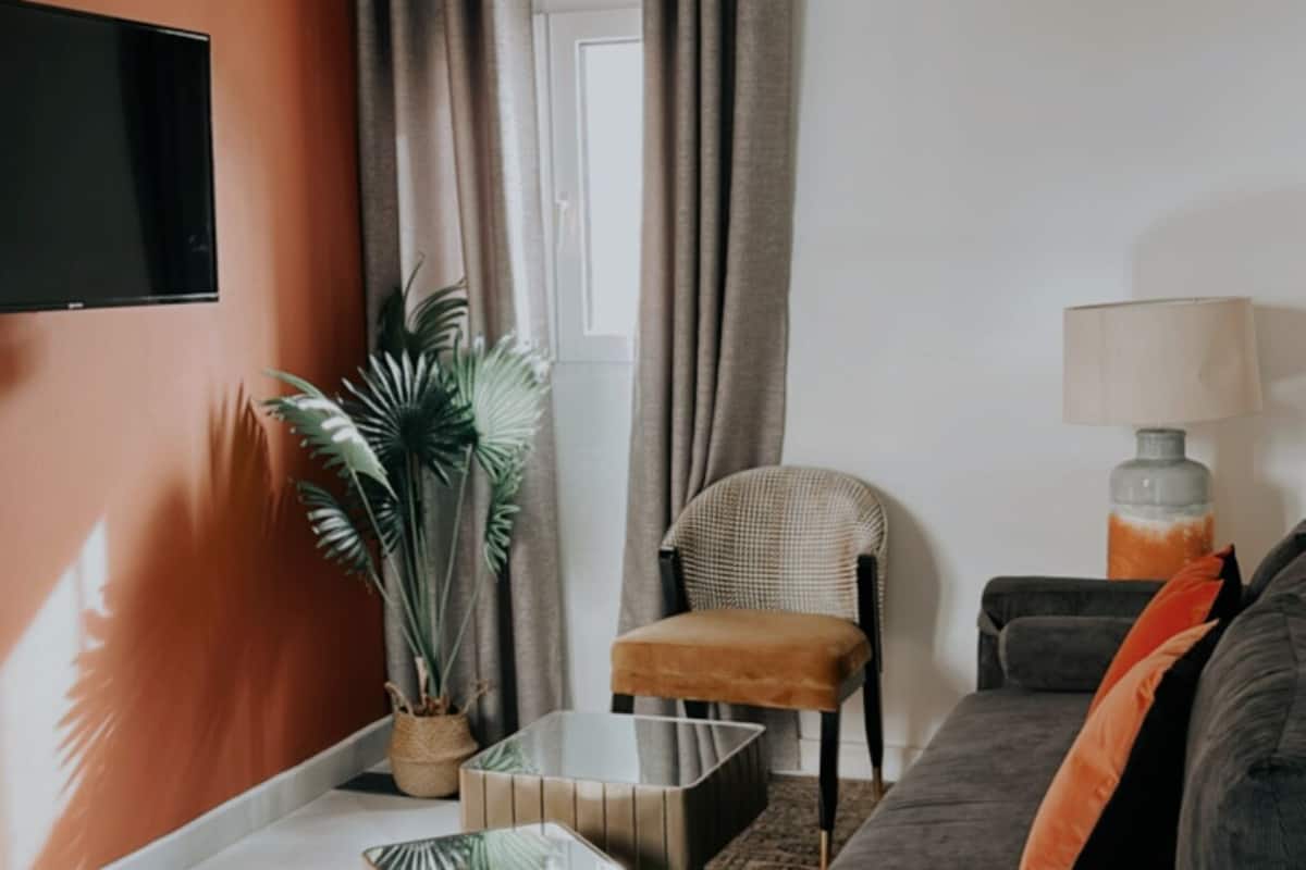 Una sala de estar moderna con un sofá gris, una mesita auxiliar, una planta en maceta y una alfombra estampada.