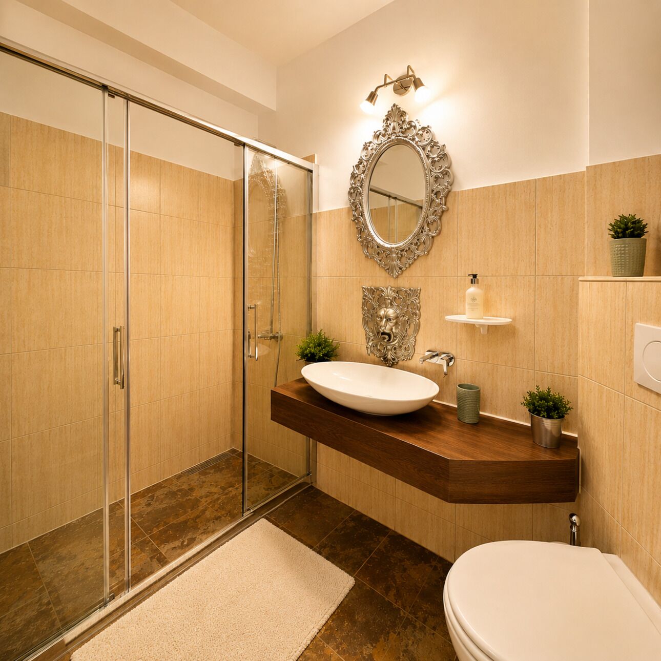 A modern bathroom with a glass shower enclosure, a vanity with a sink, a toilet, and decorative wall sconces.