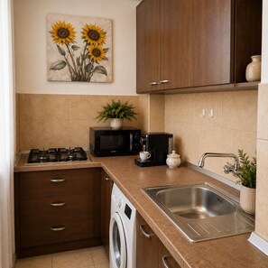 Apartamento clásico | Cocina privada | Frigorífico grande, microondas, cafetera o tetera y hervidor eléctrico
