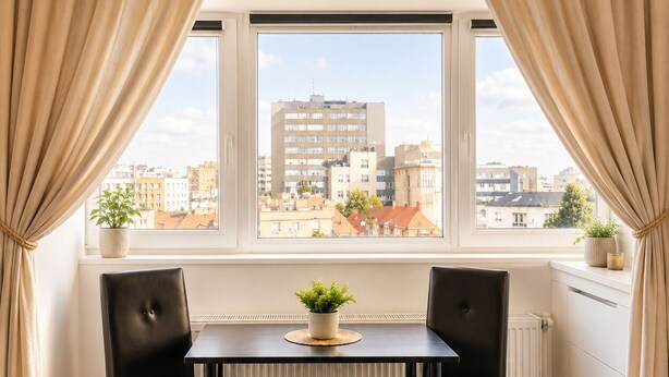 Una habitación con ventana, una mesa con dos sillas, un banco y una planta en maceta.