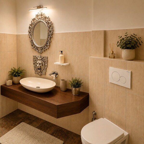 Un baño moderno con tocador, lavabo, espejo y retrete.