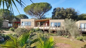 Une maison de vacances moderne dotée d’une terrasse, entourée de verdure et d’un grand arbre.