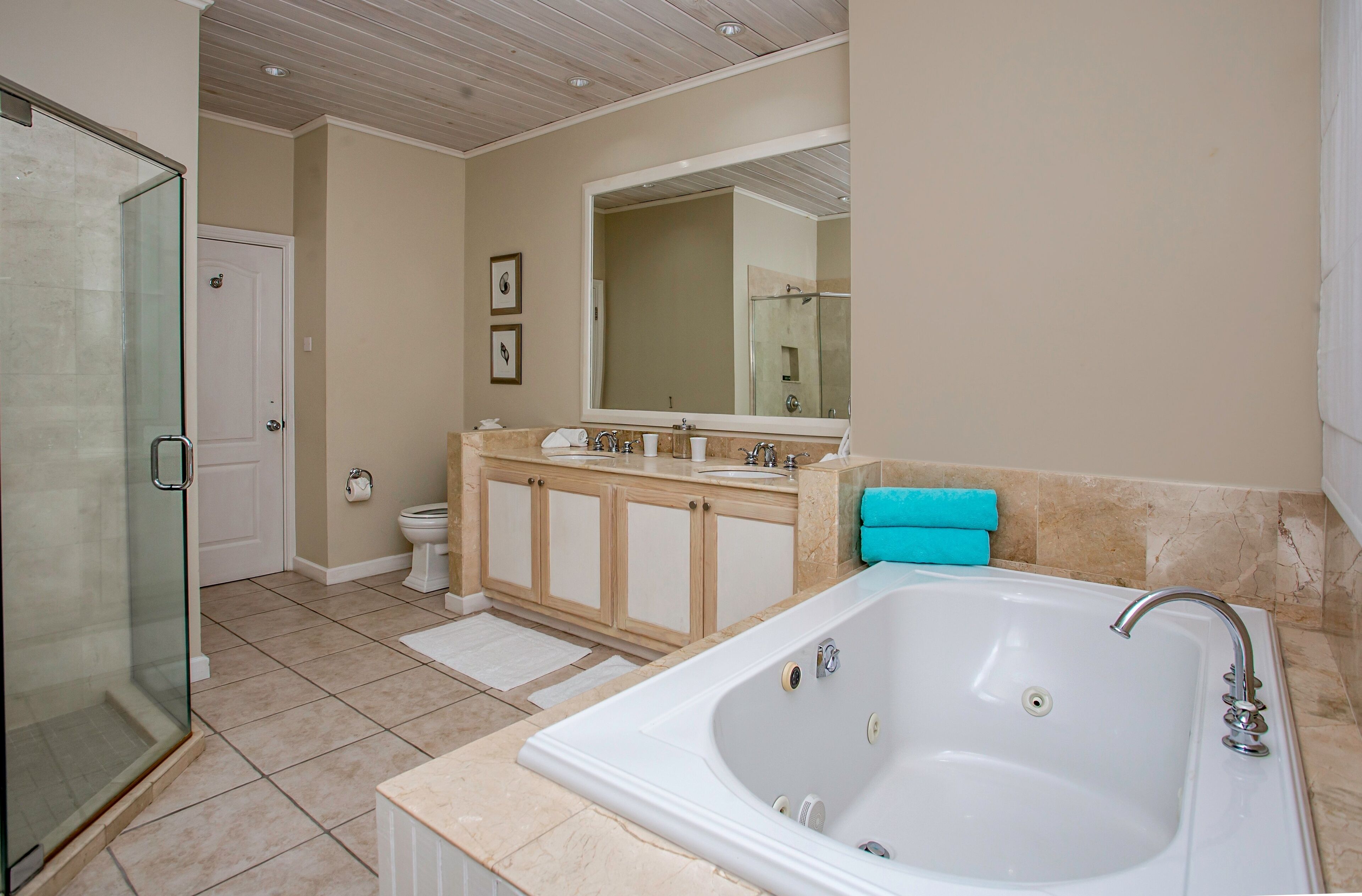 A bathroom with a glass shower enclosure, a large bathtub, a double sink vanity, and a toilet.