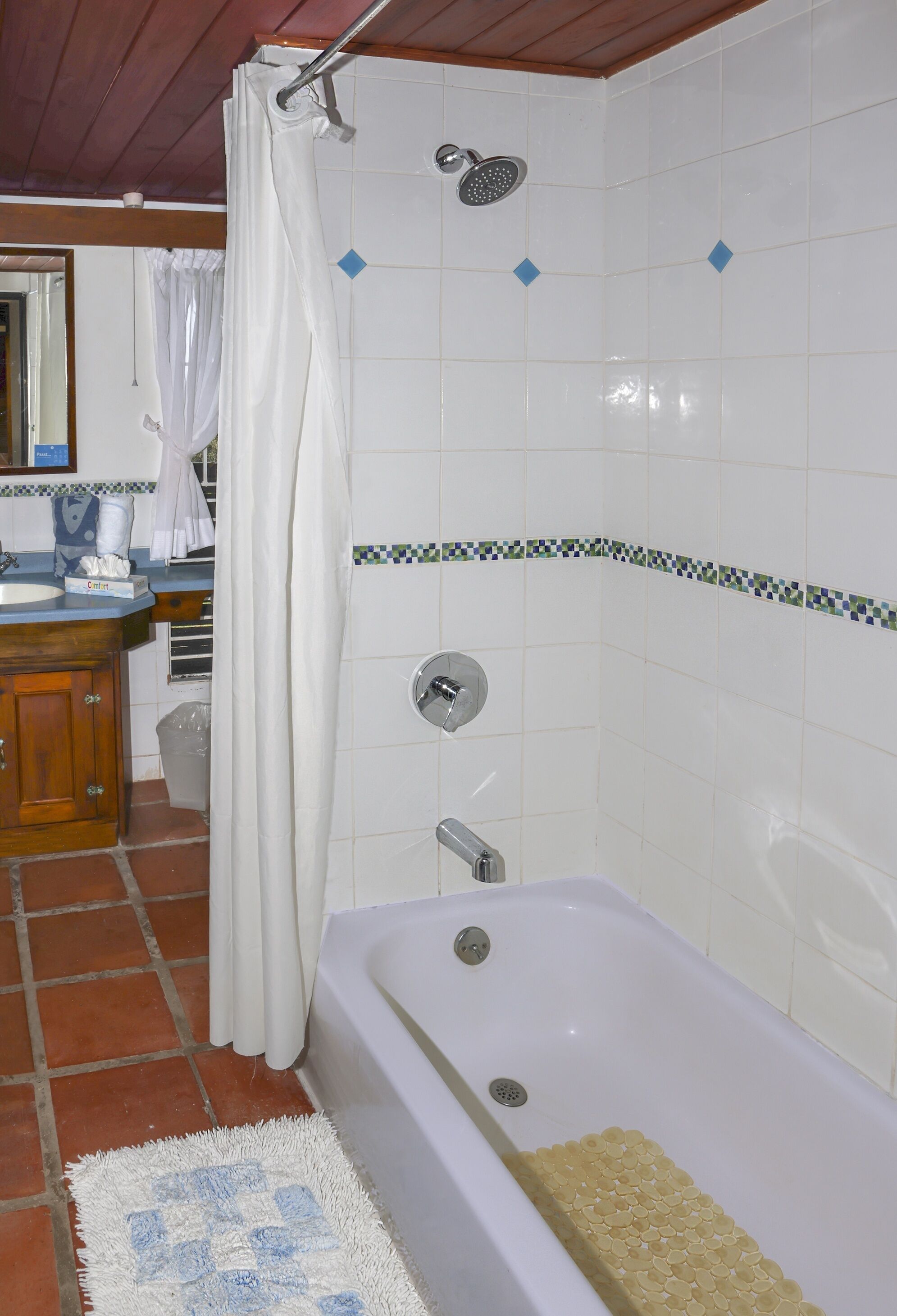 Une salle de bain avec une baignoire, une douche et un lavabo.
