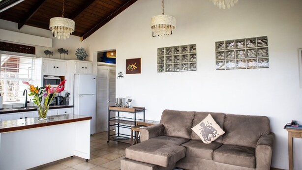 A kitchen with white cabinets, a microwave, and a sink. There is a brown sofa with a decorative pillow. - Charming Cottage Located In Cap Estate - Orchid Cottage 1 Bedroom Home by RedAwning (Gros Islet)