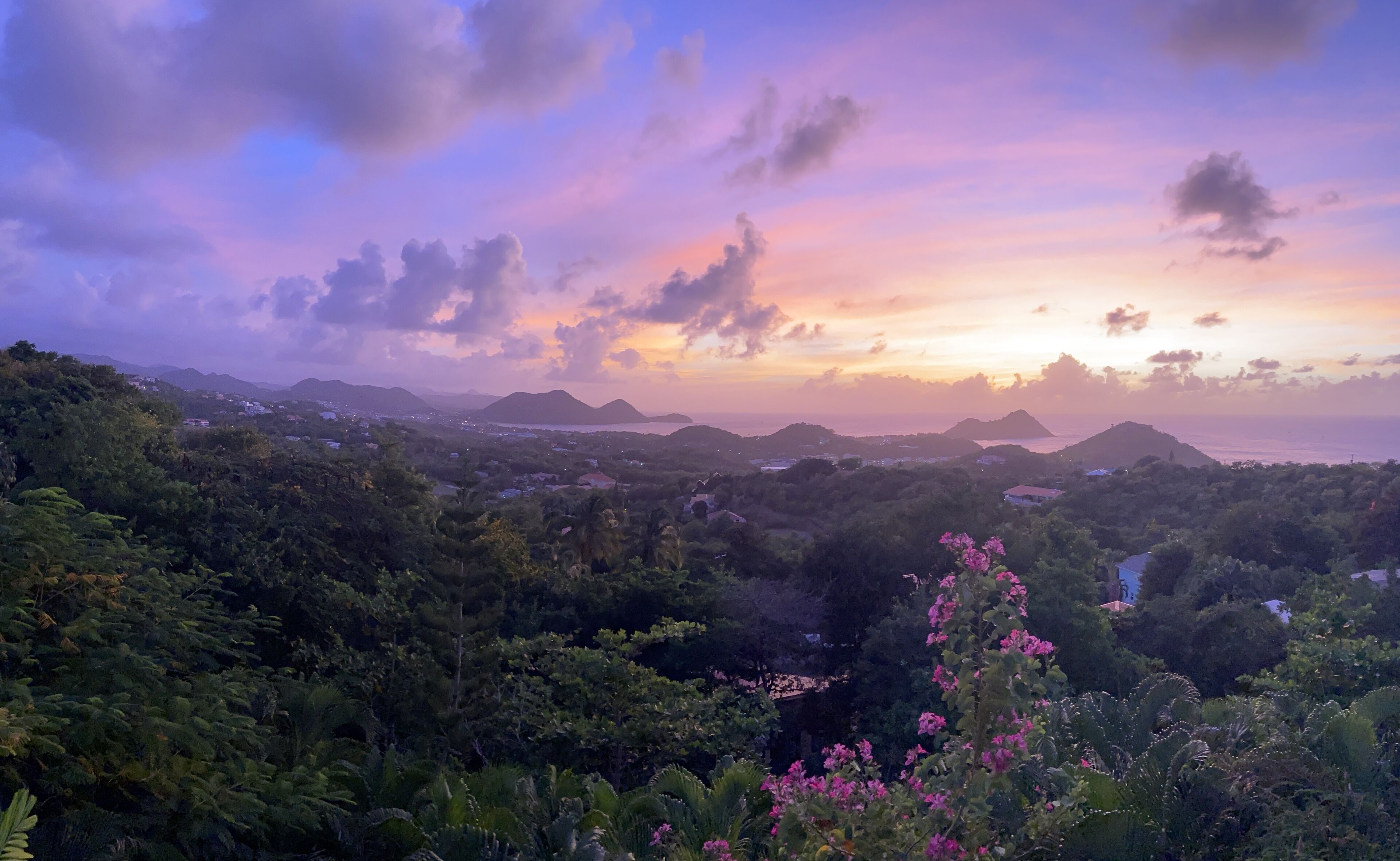 Vista panorámica de un paisaje costero con abundante vegetación y un cielo al atardecer.