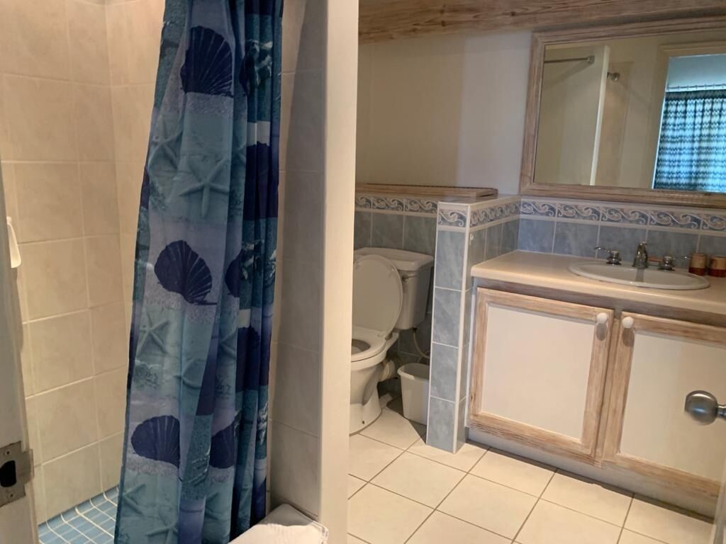A bathroom with a shower curtain, toilet, sink, and mirror.