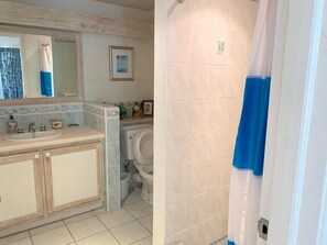 Bathroom features a large mirror above a double vanity with separate faucets and a toilet.