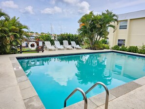 Relax by the pool surrounded by lush greenery and comfortable lounge chairs.