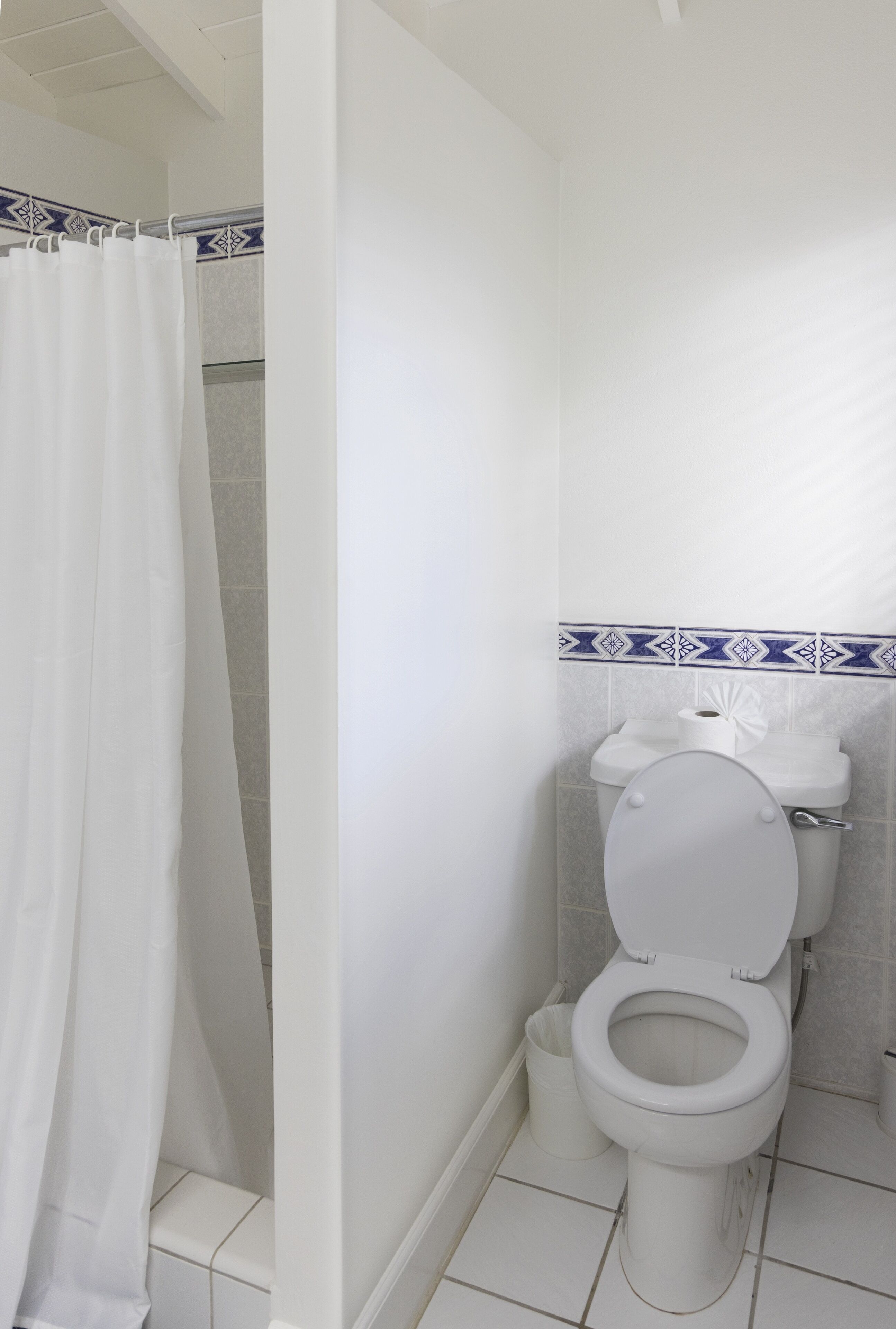A bathroom with a toilet, a shower curtain, and a patterned tile backsplash.