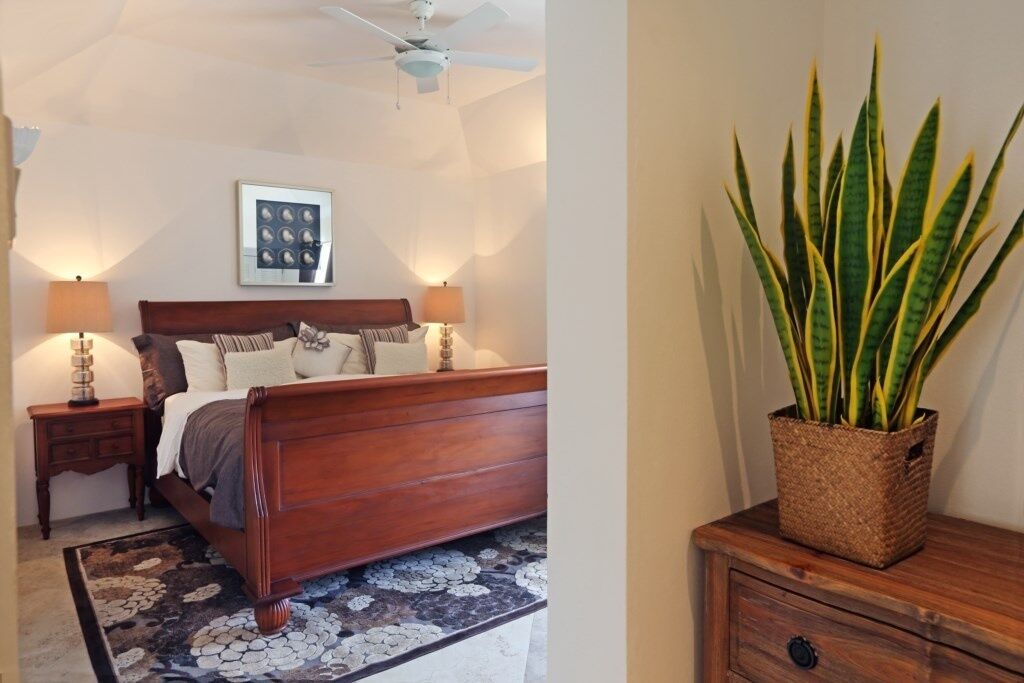 A bedroom with a wooden bed, two bedside lamps, a ceiling fan, and a framed picture on the wall.