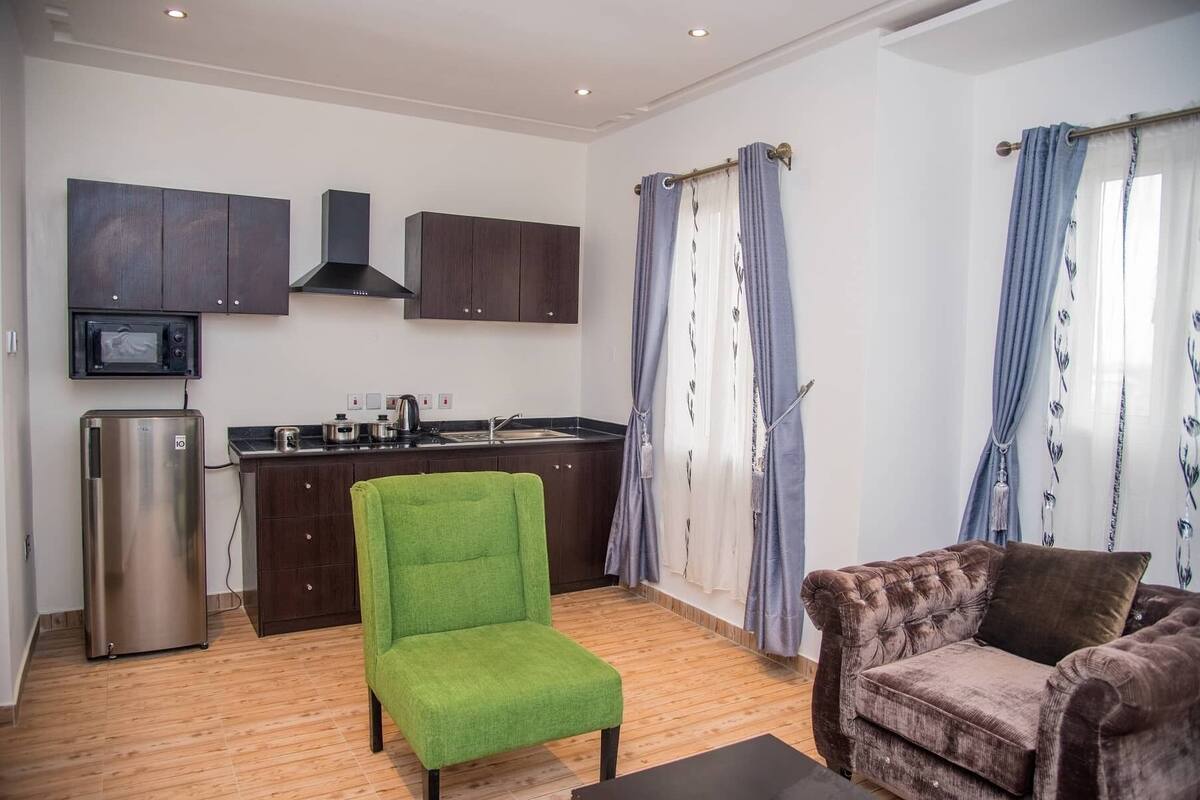 Un espace de vie compact comprenant un coin cuisine, un fauteuil vert, un canapé marron et une fenêtre avec des rideaux.