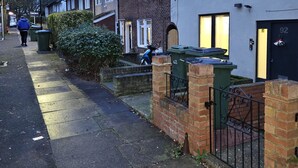 A residential street with terraced houses, a visible trash bin, and a person sitting on a step. - 1 Bed Flat - Sleeps 2 - Pets - Garden - Parking (London)