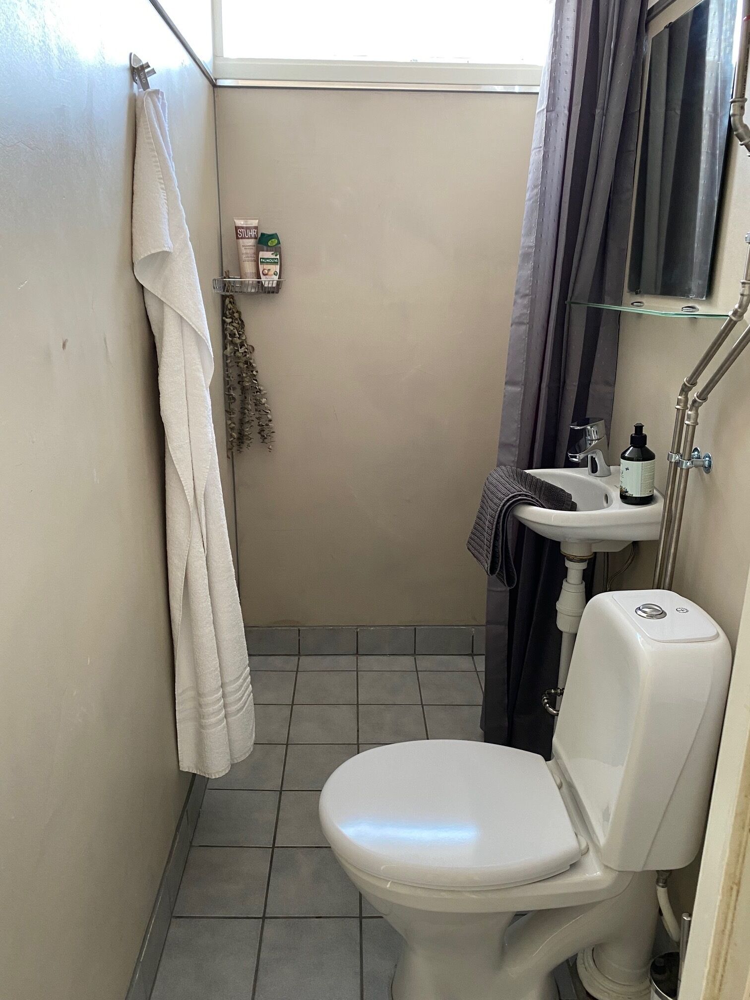A small, compact bathroom with a toilet, sink, and shower area.