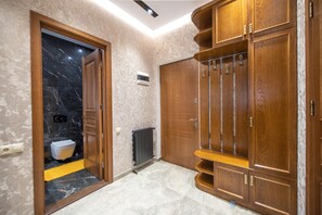 Hair dryer, towels, soap, shampoo