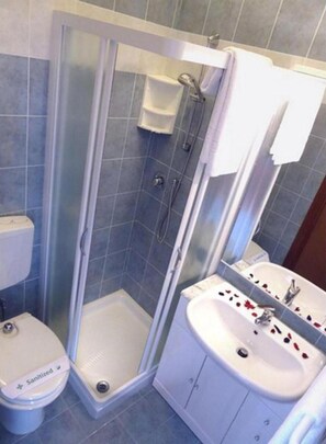 Un baño con ducha, inodoro y lavabo.