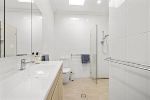 Shower, towels, toilet paper