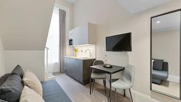Un apartamento moderno con kitchenette, zona de comedor, sofá y un espejo grande.