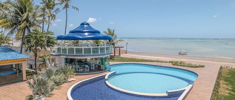 Outdoor pool, pool umbrellas, pool loungers