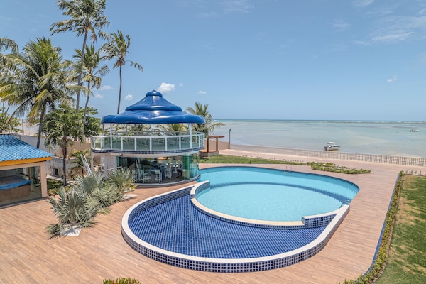 Outdoor pool, pool umbrellas, pool loungers