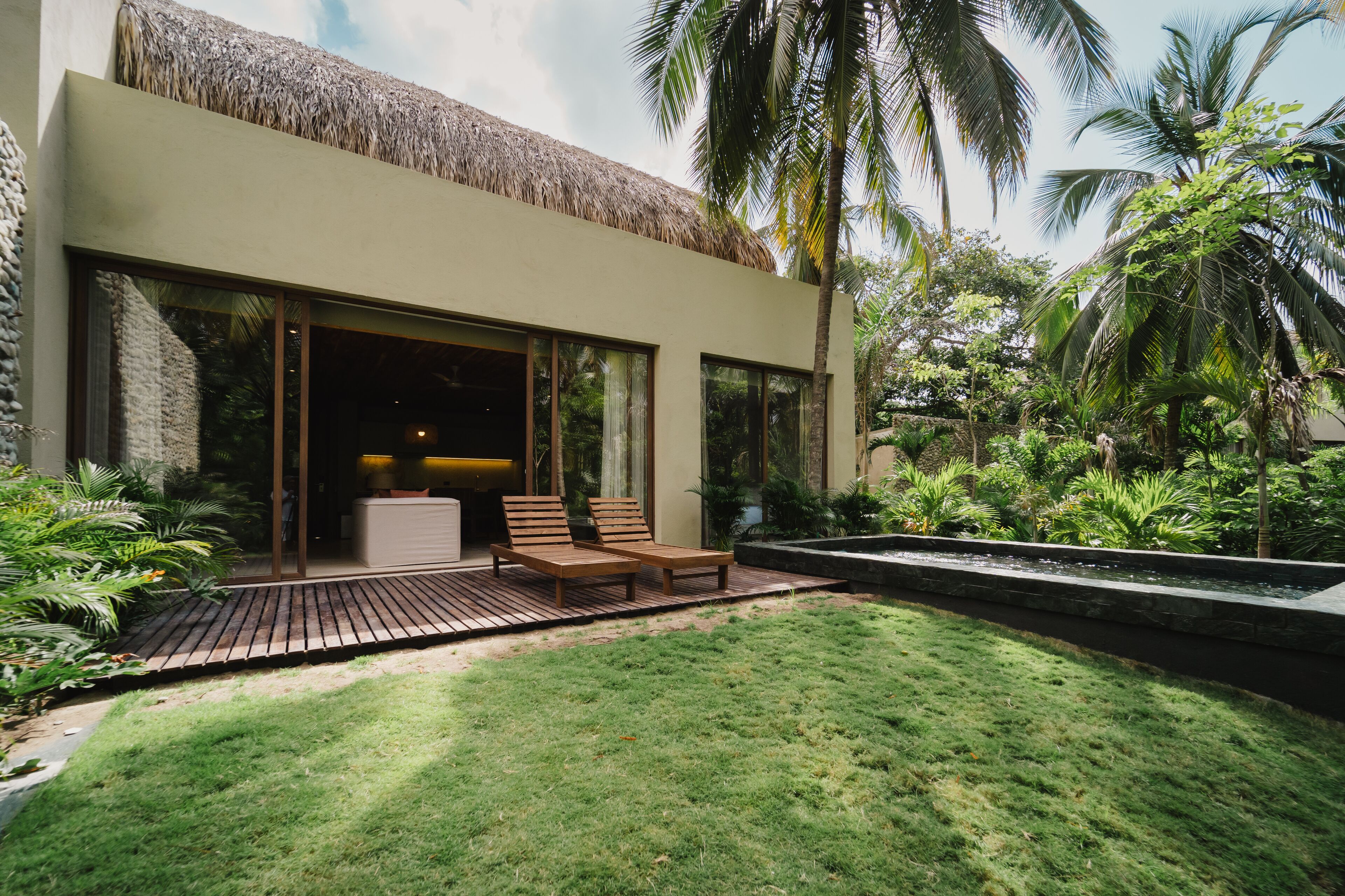 A modern house with a thatched roof, large windows, and a well-maintained garden with palm trees and a water feature.