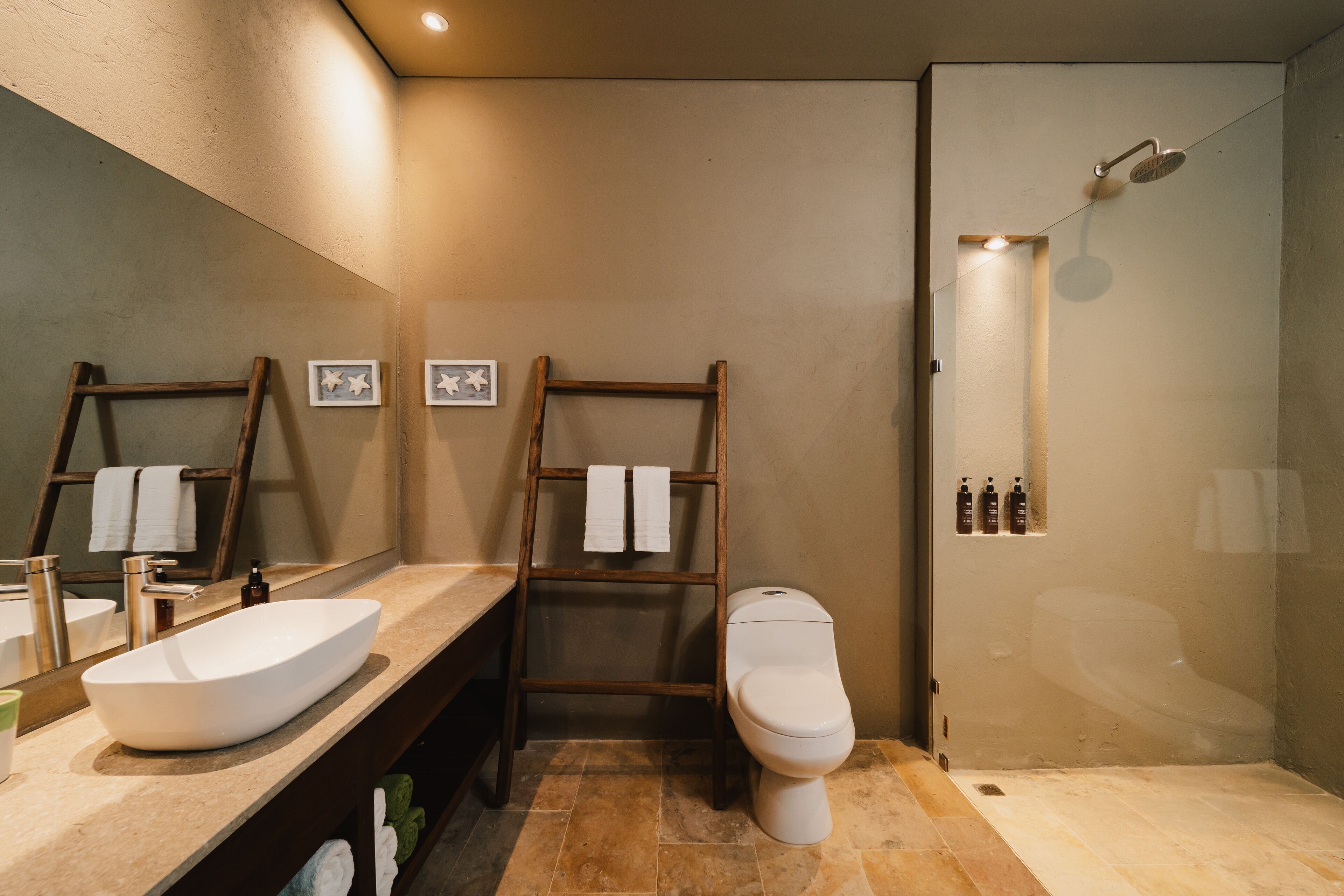 Une salle de bain avec un grand miroir, un lavabo blanc, une échelle en bois, des toilettes et une douche à parois de verre.