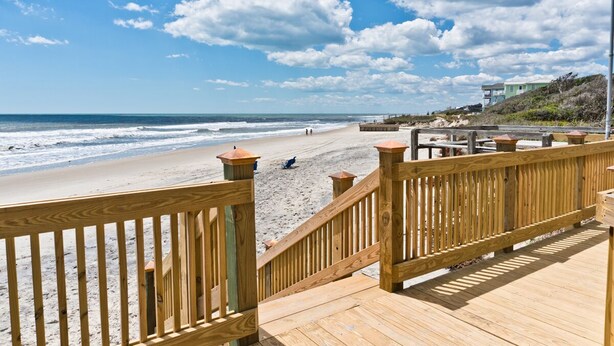 A wooden boardwalk leading to a sandy beach with ocean views. - Beachwalk 112, Oceanfront Condo in Pine Knoll Shores, NC! (Pine Knoll Shores)