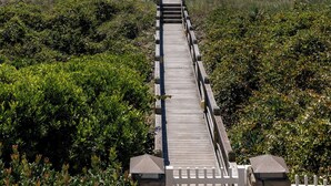 A wooden boardwalk leading to a beach with a clear view of the ocean. - Bliss By The Beach, Oceanfront House in Emerald Isle, NC! (Emerald Isle)