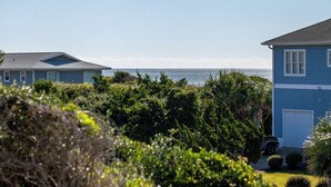 Una propiedad costera con dos casas azules, vegetación densa y vista al mar.
