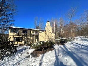 Una casa de dos pisos con una chimenea, rodeada de terreno y árboles cubiertos de nieve.