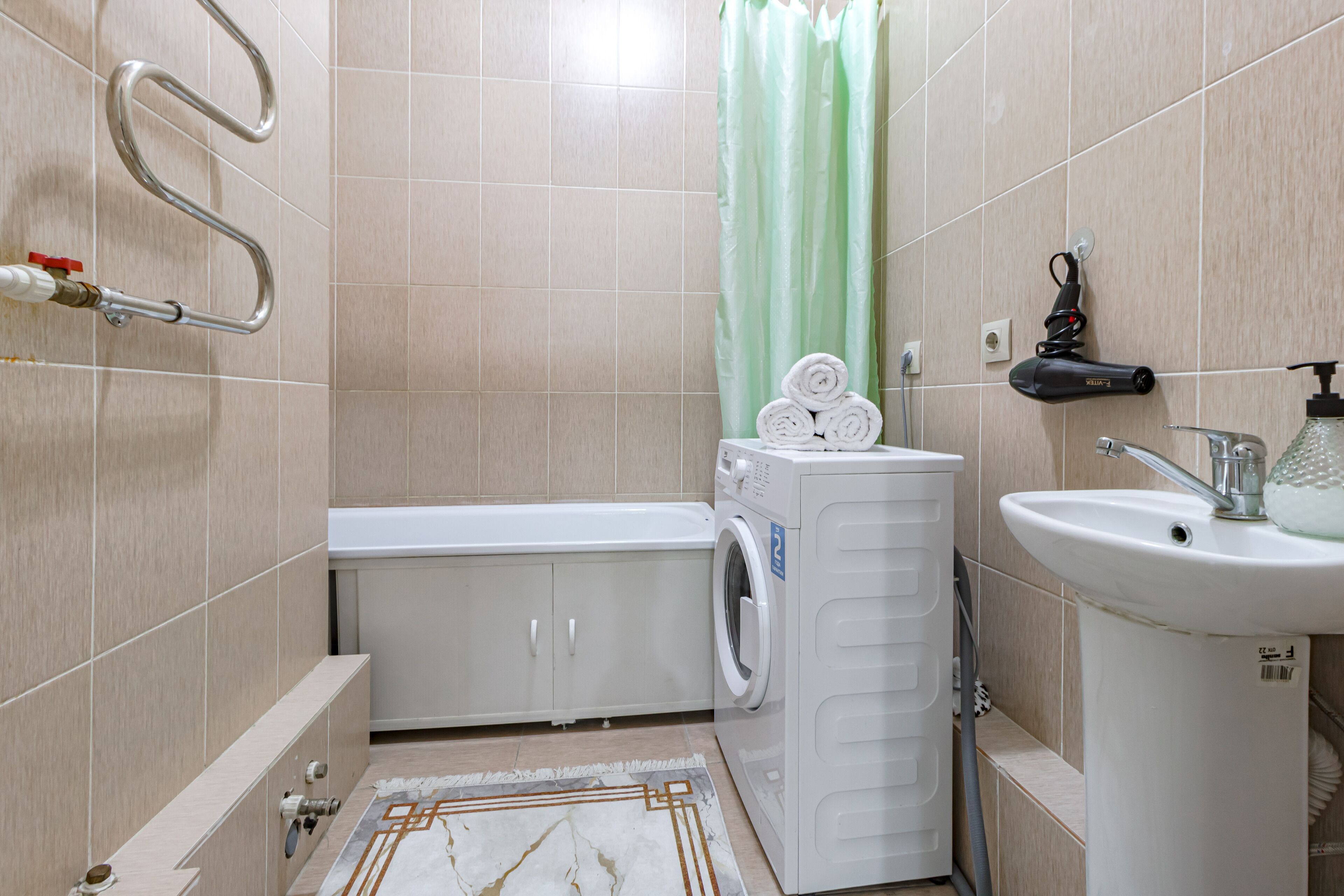 Hair dryer, towels, soap, toilet paper
