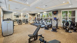 A gym with treadmills, elliptical machines, and weight equipment.