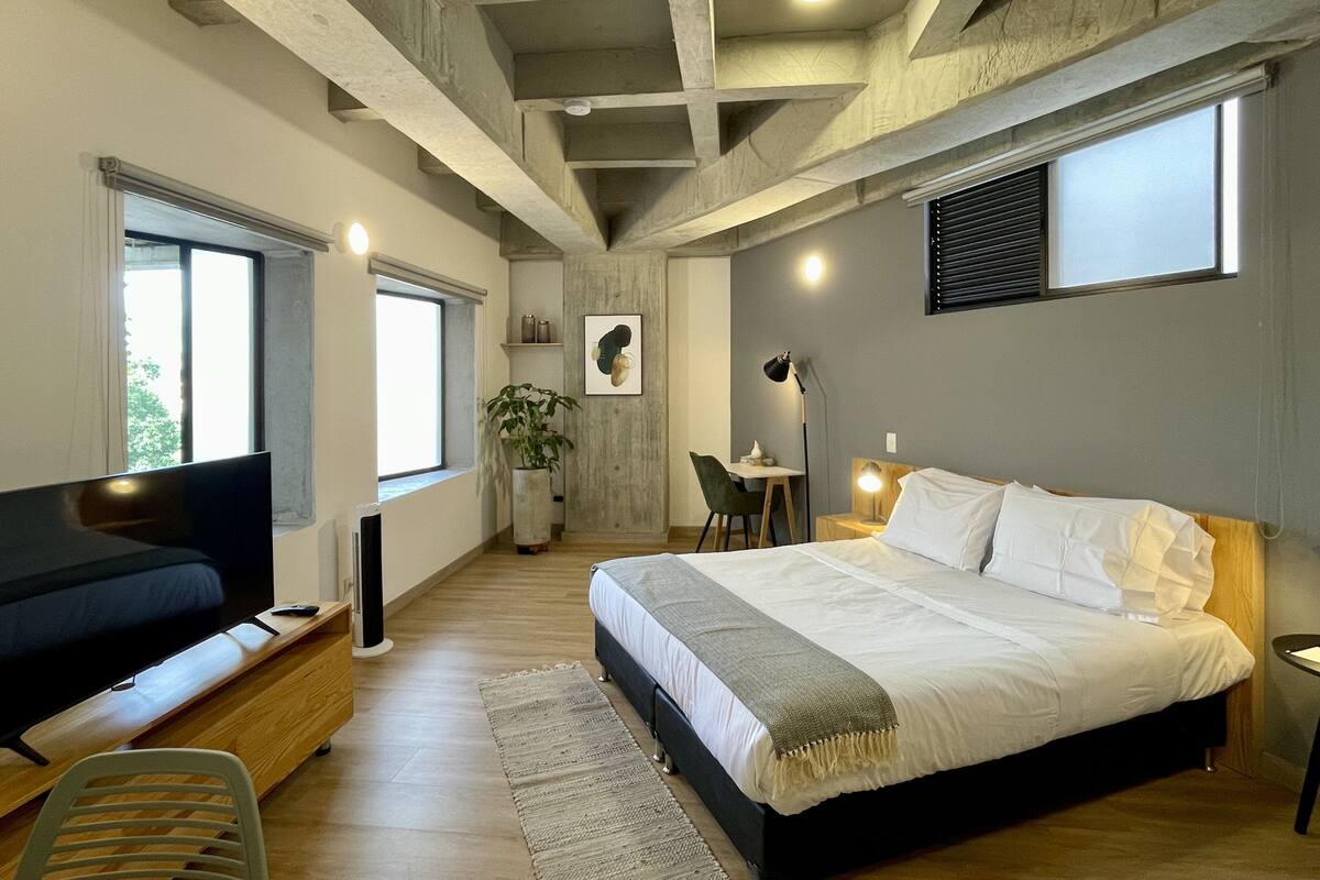 Un dormitorio moderno con una cama grande, un escritorio, una silla, un televisor y una planta.
