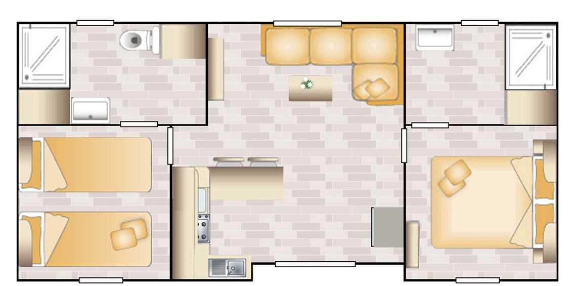 Indeling van een hotelkamer met kitchenette, zithoek met bank en salontafel, een bed en een badkamer.