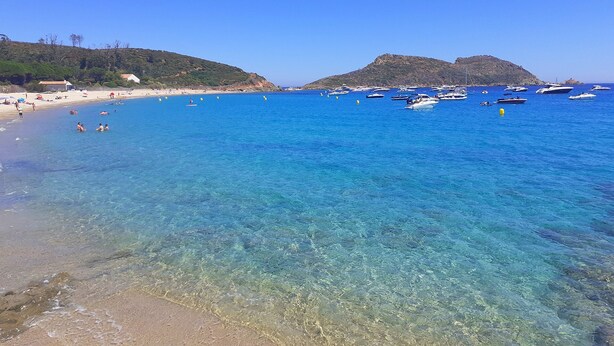 Una playa con agua cristalina, barcos y gente.