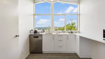 Fridge, microwave, toaster, cookware/dishes/utensils